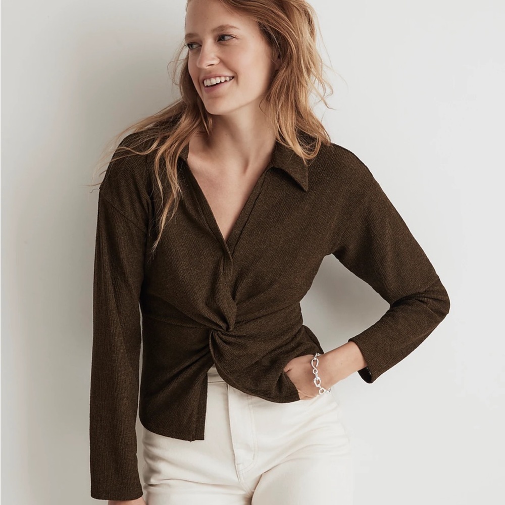 Madewell Olive Brown Twisted Front Long-Sleeve Blouse